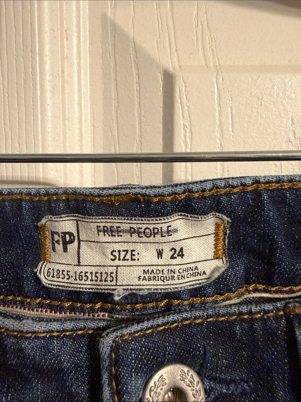 Vintage Embroidered Free People Dark Blue Denim Jeans with Red Rose Patch